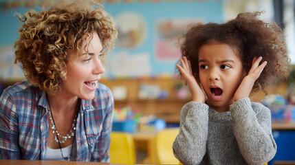 Young teacher cheering and calming upset African-American girl in kindergarten