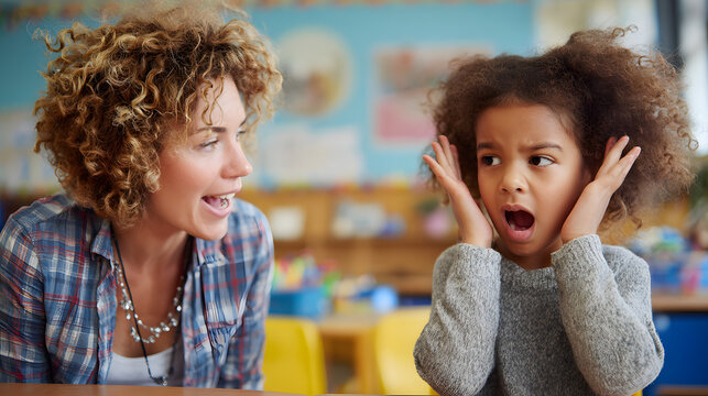 Young teacher cheering and calming upset African-American girl in kindergarten