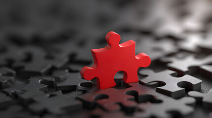 The image shows a red puzzle piece standing out from a sea of black puzzle pieces. The red puzzle piece is in the center of the image and is the only piece that is not black. The black puzzle pieces