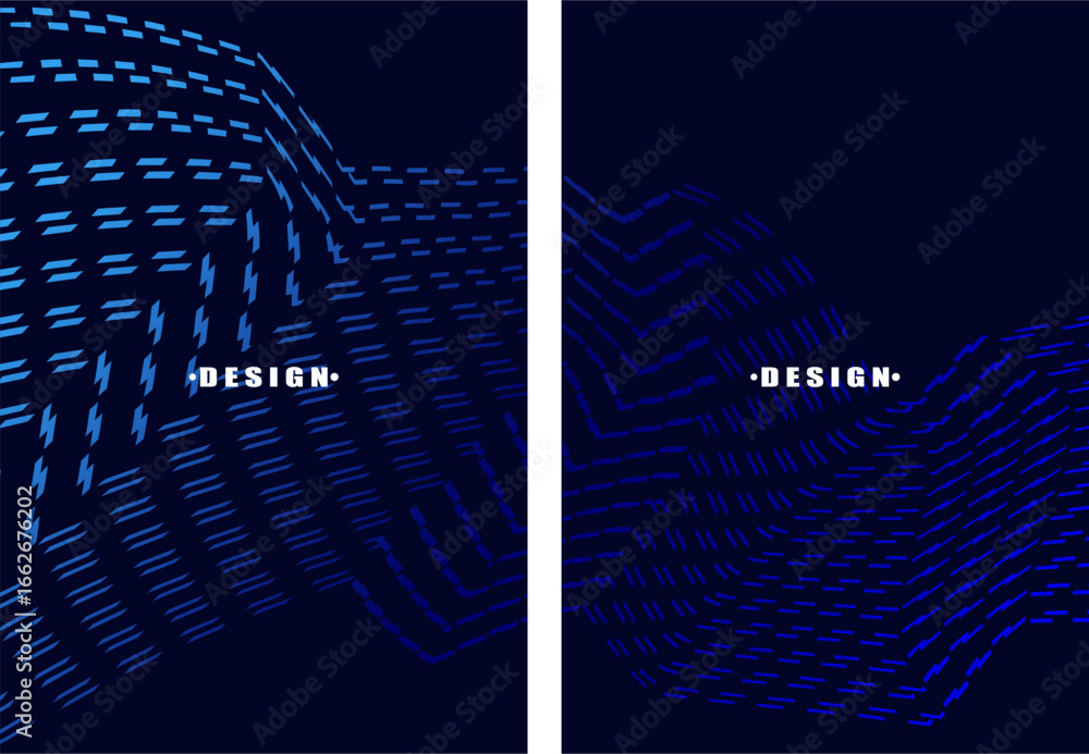 Poster a set of abstract vector dark blue backgrounds with a dynamic flowing wave pattern consisting of man