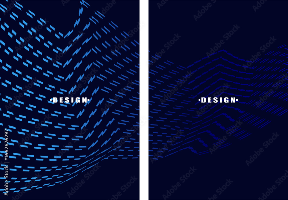 Poster a set of abstract vector dark blue backgrounds with a dynamic flowing wave pattern consisting of man