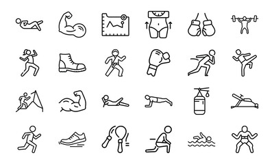 Fitness and Workout Line Icons Set Exercise, Gym Training, Weightlifting, Yoga, Martial Arts, Boxing, Running, Swimming, Sports and Healthy Lifestyle Vector Illustrations