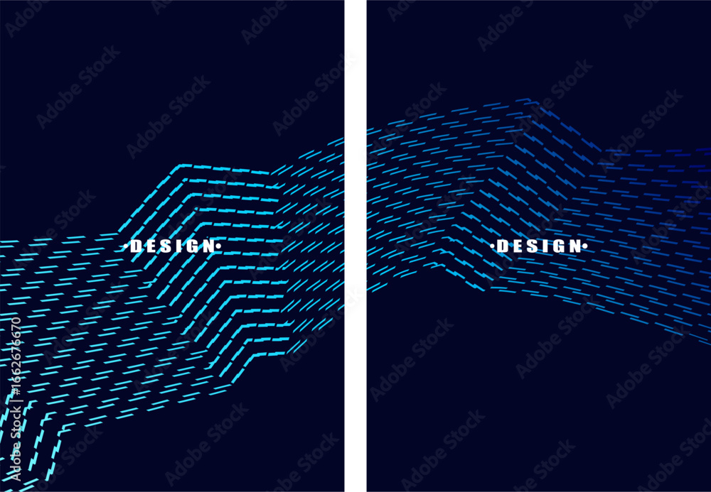 Poster a set of abstract vector dark blue backgrounds with a dynamic flowing wave pattern consisting of man