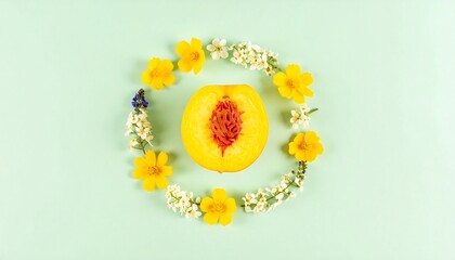 Peach slice surrounded by flowers on a mint background