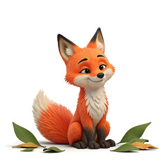 Fototapeta premium Cute Cartoon Fox Sitting with Green Leaves Isolated on White Background