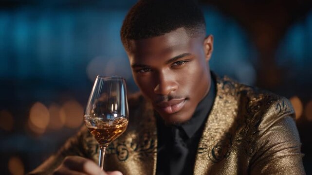 Refined Elegance: A sophisticated man with a commanding gaze, poised with a stemmed glass. Capturing a moment of refined luxury and timeless allure.