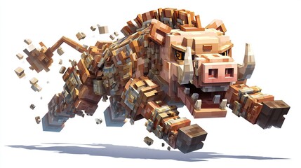 A stylized, pixelated warthog, rendered in a running pose, is armored in brown and tan blocks, with fragments of the same material flying off