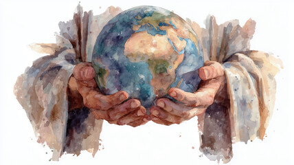 Vector illustration, Jesus' hands hold the world. Two hands gently hold the planet. Watercolor