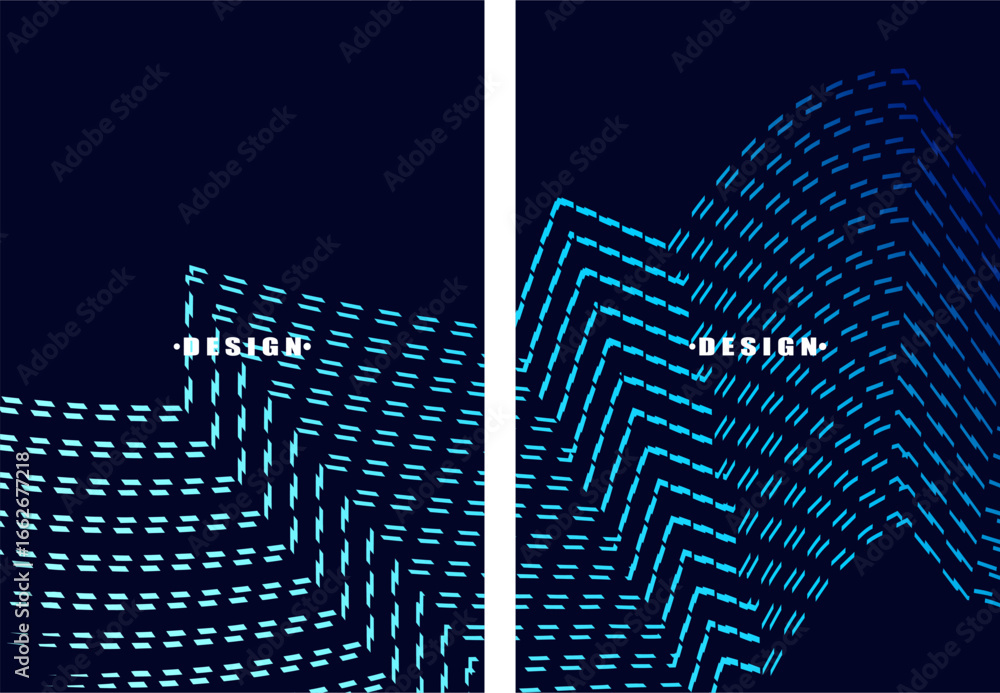 Poster a set of abstract vector dark blue backgrounds with a dynamic flowing wave pattern consisting of man