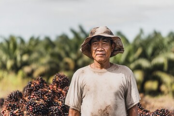 Indonesian Palm oil harvester standing in front of pile of ripe palm fruits