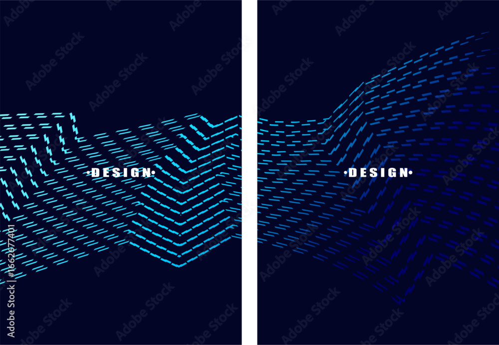 Poster a set of abstract vector dark blue backgrounds with a dynamic flowing wave pattern consisting of man
