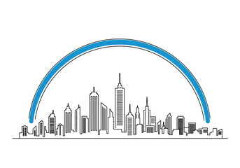 Fototapeta premium Modern city skyline with skyscrapers and a blue arc above it.