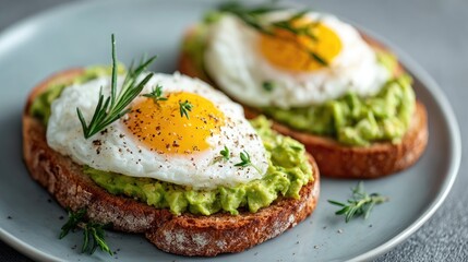 Delicious Avocado Toast with Fried Egg Garnished with Fresh Herbs on Rustic Plate