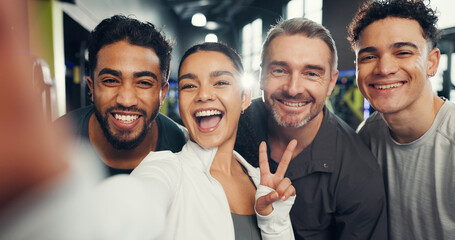 Selfie, portrait and people with smile in gym, fitness friends and peace sign for social media post. Happiness, exercise group with memory and flare for sports, training and picture at health club