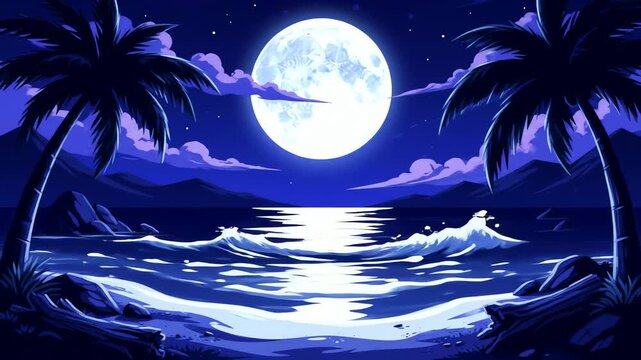 Stylized cartoon beach at night looping waves moonlight reflecting on water motion