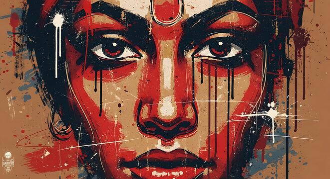 Close-up artistic portrait of a woman, vibrant colors, expressive eyes, and textured background.