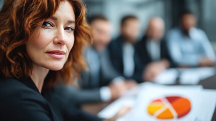 Confident Businesswoman in Meeting with Diverse Team Analyzing Financial Reports and Strategies