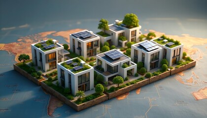 Sustainable urban living with green roofs and solar panels on a world map