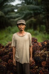 A dedicated worker stands before a bountiful pile of ripe palm fruits.