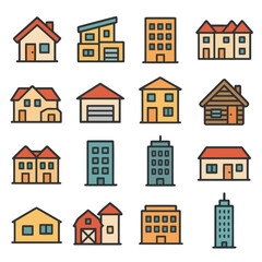 Diverse Architectural Collection: A vibrant collection of diverse architectural house and building styles showcased in a visually appealing vector graphic, each one a unique example of design.
