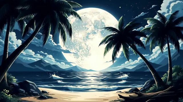 Dreamy lofi beachscape motion video with moonlit waves and palm trees at night