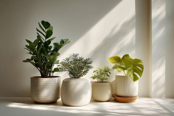Fototapeta premium collection of green plants in brightly lit interior perfectly arranged against clean white wall