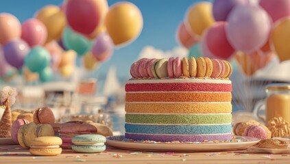 Colorful rainbow layer cake with macarons and balloons