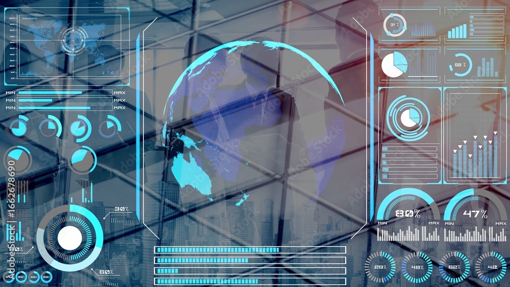 Poster high-tech global network connection interface showing worldwide digital communication, data exchange