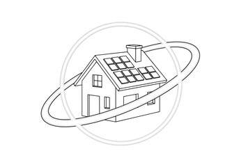 Line art illustration of a residential house featuring solar panels on its roof, encircled by a dynamic orbital ring, symbolizing sustainable energy.