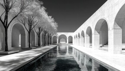 Monochrome courtyard with arches and trees