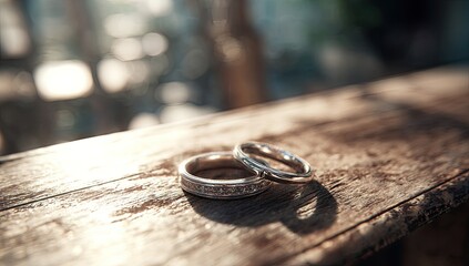 Two wedding rings on weathered wood, sunlit