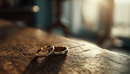 Two wedding rings on a rustic wooden surface, bathed in warm sunlight