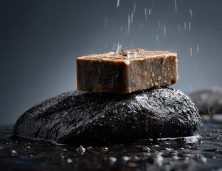 Dark brown soap bar rests atop stacked dark stones, water droplets falling around it