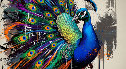 A vibrant peacock with its tail fanned out, rendered in a colorful, expressive artistic style with paint splatters.