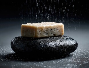Light beige soap bar sits atop dark stones, water droplets fall around
