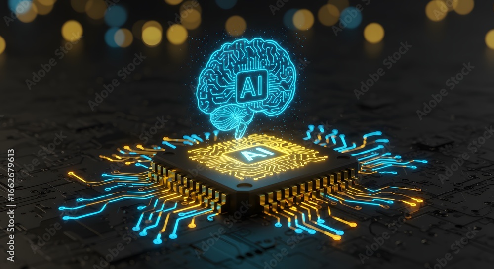 Poster artificial intelligence concept with glowing brain and chip on circuit board representing future tec