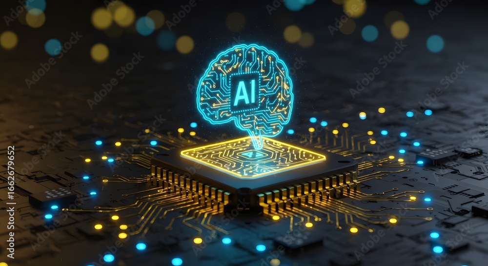 Poster artificial intelligence concept with glowing brain and chip on circuit board representing future tec