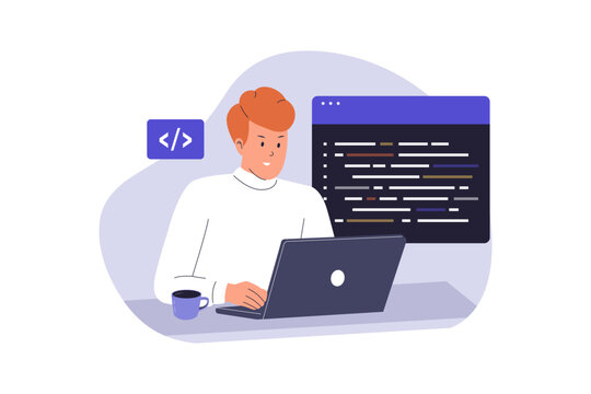 Man Coding on Laptop Illustration. Software Development. Vector Flat Illustration