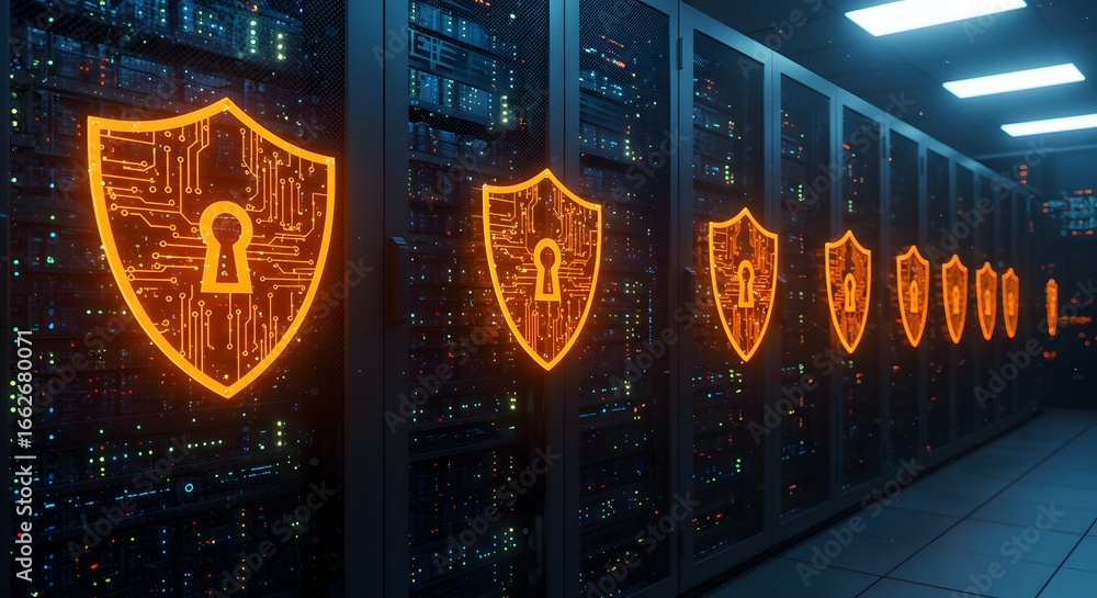 Poster data center security with glowing shield icons protecting servers in a futuristic environment concep