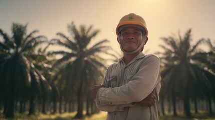 Confident Indonesian farmer in a tropical palm oil plantation.