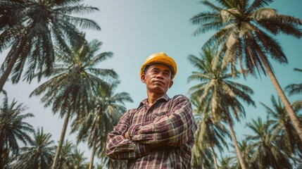 Confident Indonesian farmer in a tropical palm oil plantation.