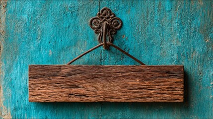 An old wooden signboard hanging from an ornate iron hook against a vibrant turquoise background.