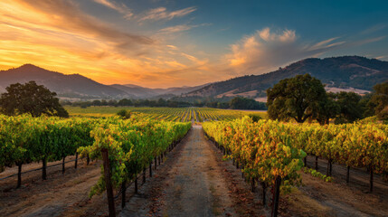 Fototapeta premium Vineyard Rows at Sunset with Rolling Hills and Golden Sky winery grapes