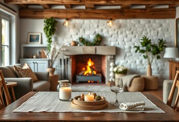 Fototapeta premium Cozy home interior tabletop scene with fireplace backdrop, winter decor, stone