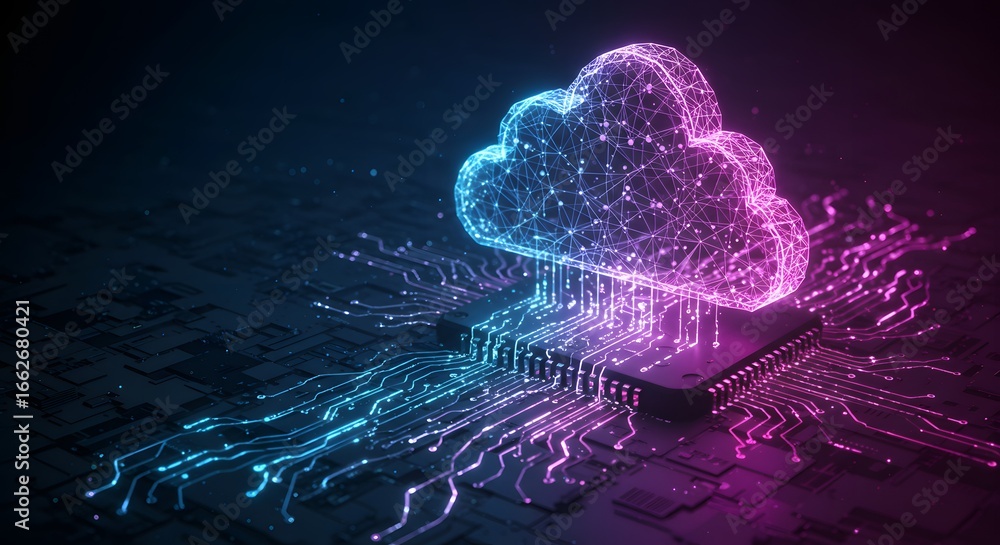 Aufkleber cloud computing concept with glowing cloud above a processor on a motherboard, digital network
