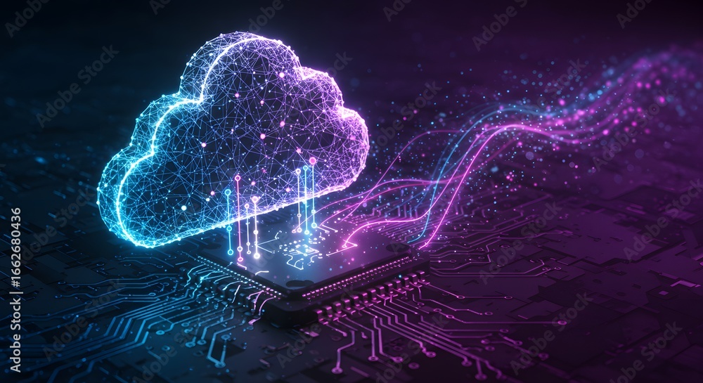 Poster cloud computing concept with glowing cloud above a processor on a motherboard, digital network