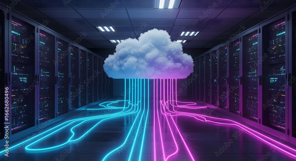 Poster cloud computing data center with servers and neon lights, a modern technology concept