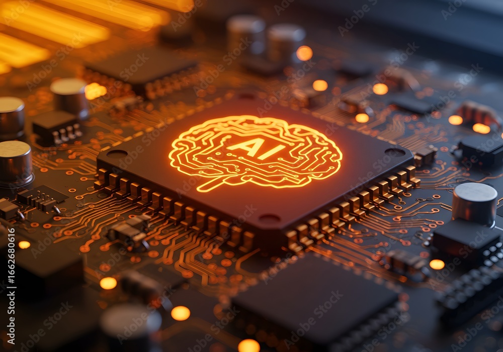Poster artificial intelligence brain on computer chip, advanced technology and innovation concept