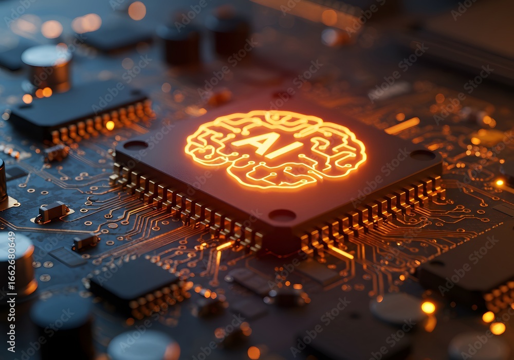 Poster artificial intelligence brain on computer chip, advanced technology and innovation concept