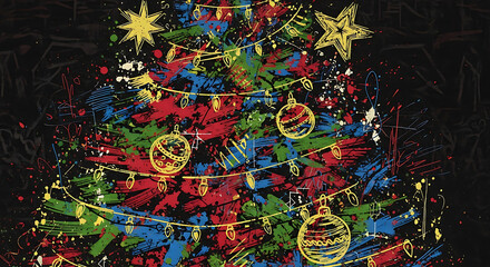 Abstract Christmas tree illustration with colorful paint splatters, ornaments, stars, and string lights on a dark background.